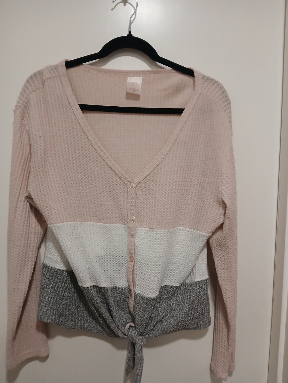 No Boundaries Pink White Gray Colorblock V-Neck Tie-Hem Sweater